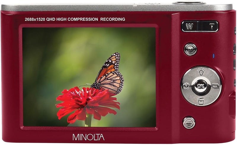 Minolta كاميرا رقمية MND20 بدقة 44 ميجابكسل – فيديو بدقة 2.7K Ultra HD، زوم رقمي 16X، تثبيت مضاد للاهتزاز، تصوير زمني، كشف الوجوه، شاشة LCD بحجم 2.9 بوصة – كاميرا خفيفة الوزن ومضغوطة (أحمر) - Image 3